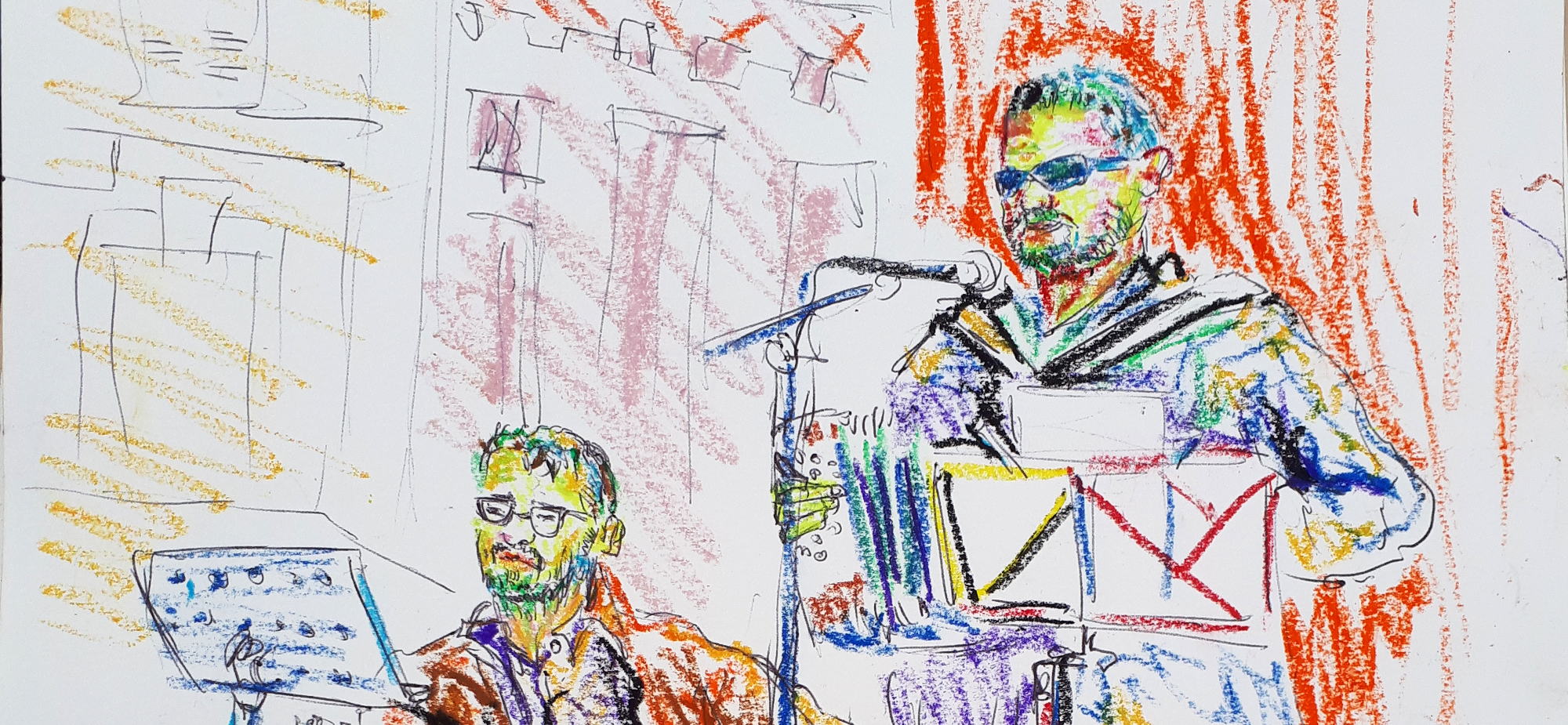 Croquis représentant Famo et Serge Eric sur scène